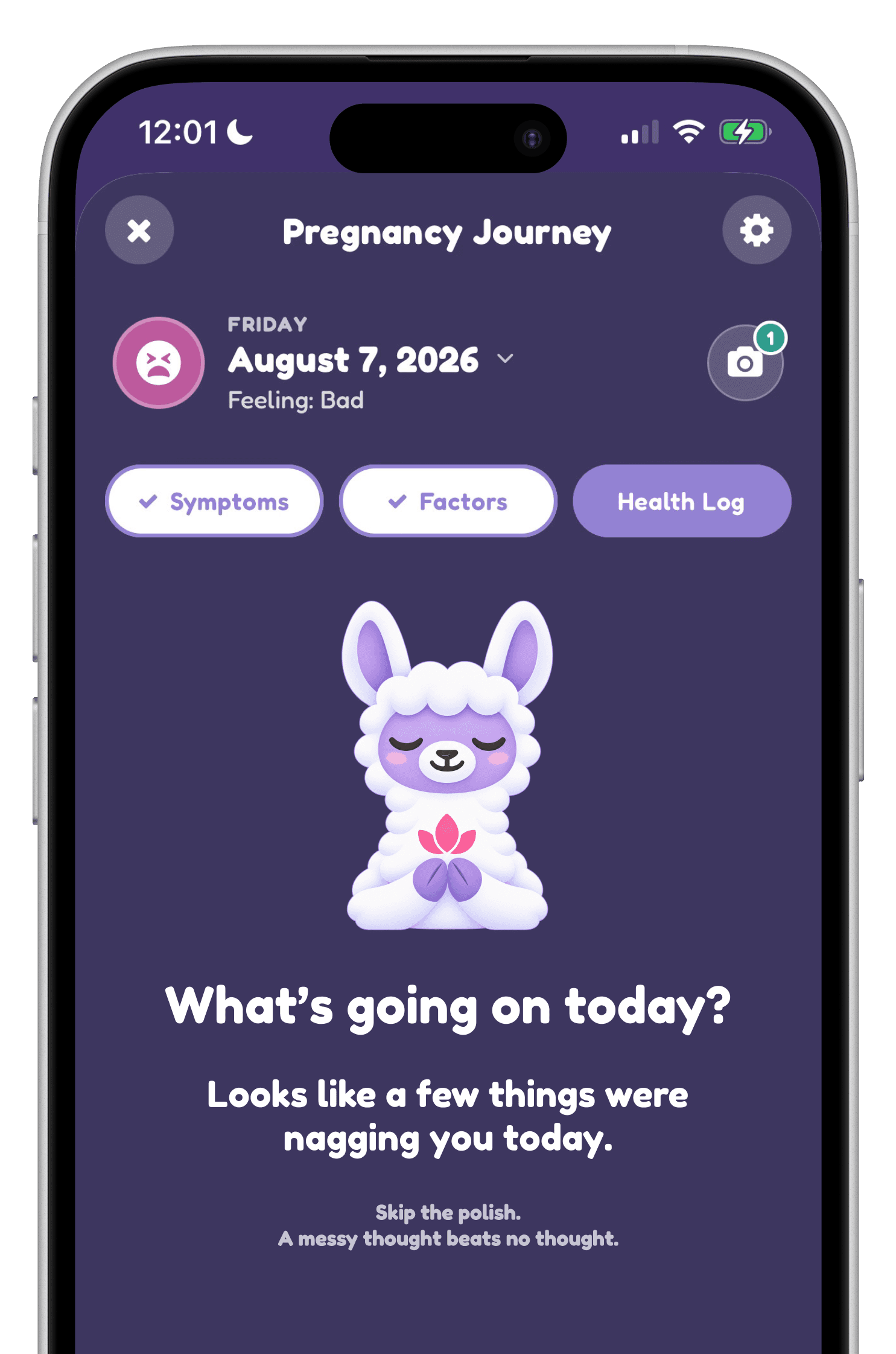 The Wellama app showing a daily check-in for a pregnancy journey, asking what's going on today